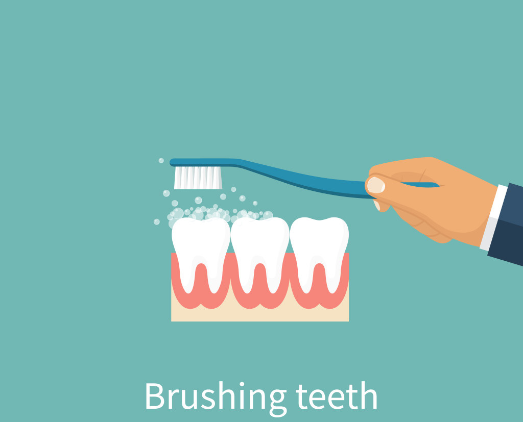 Brushing Teeth. Toothbrush hold in hand man. Dental care concept. Toothpaste bubbles foam. Oral hygiene. Vector illustration flat design.