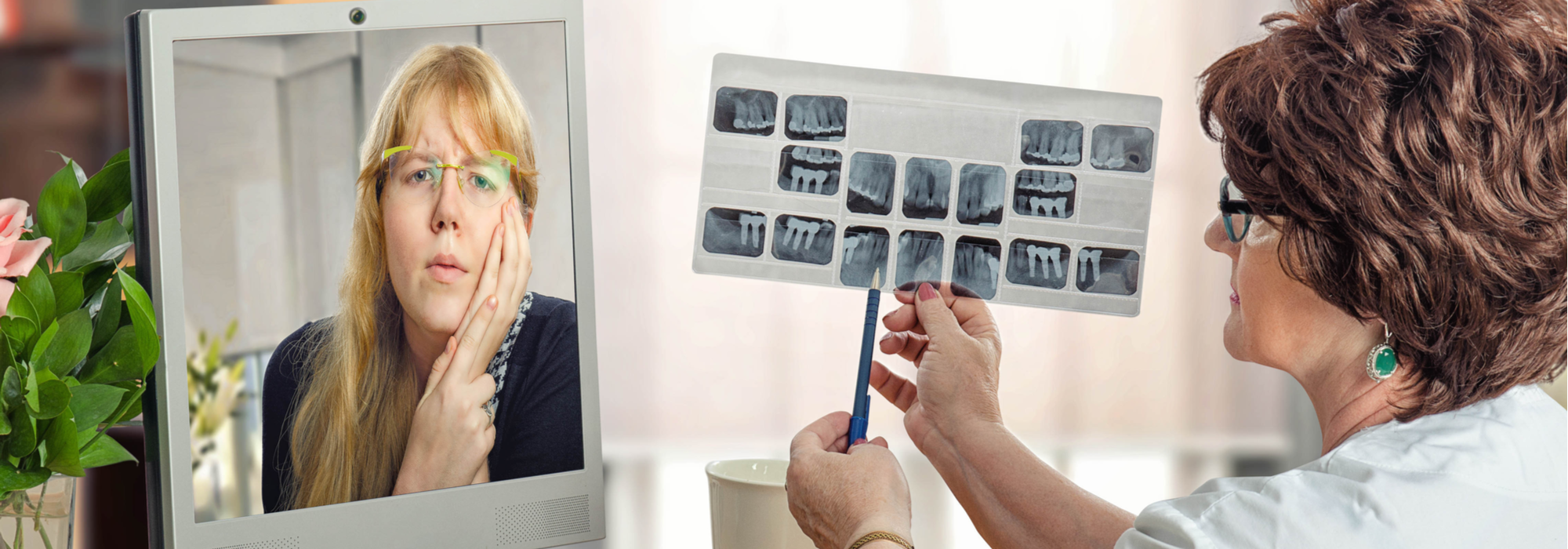 Female dentist conducting a teledentistry session with a female patient.