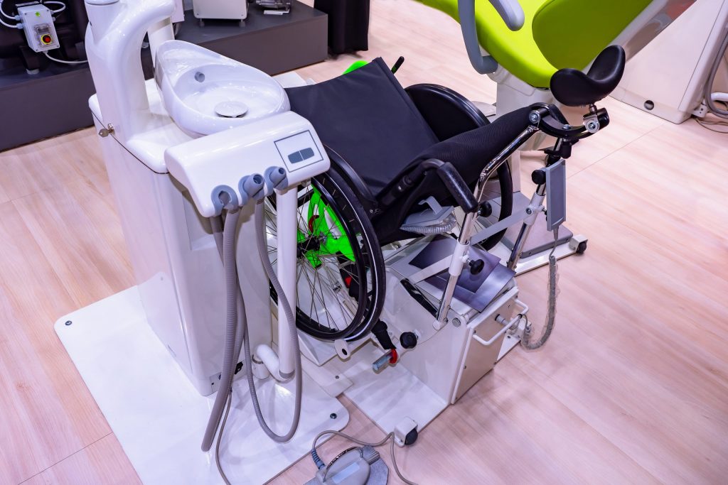 A wheelchair lift chair for dental patients. 