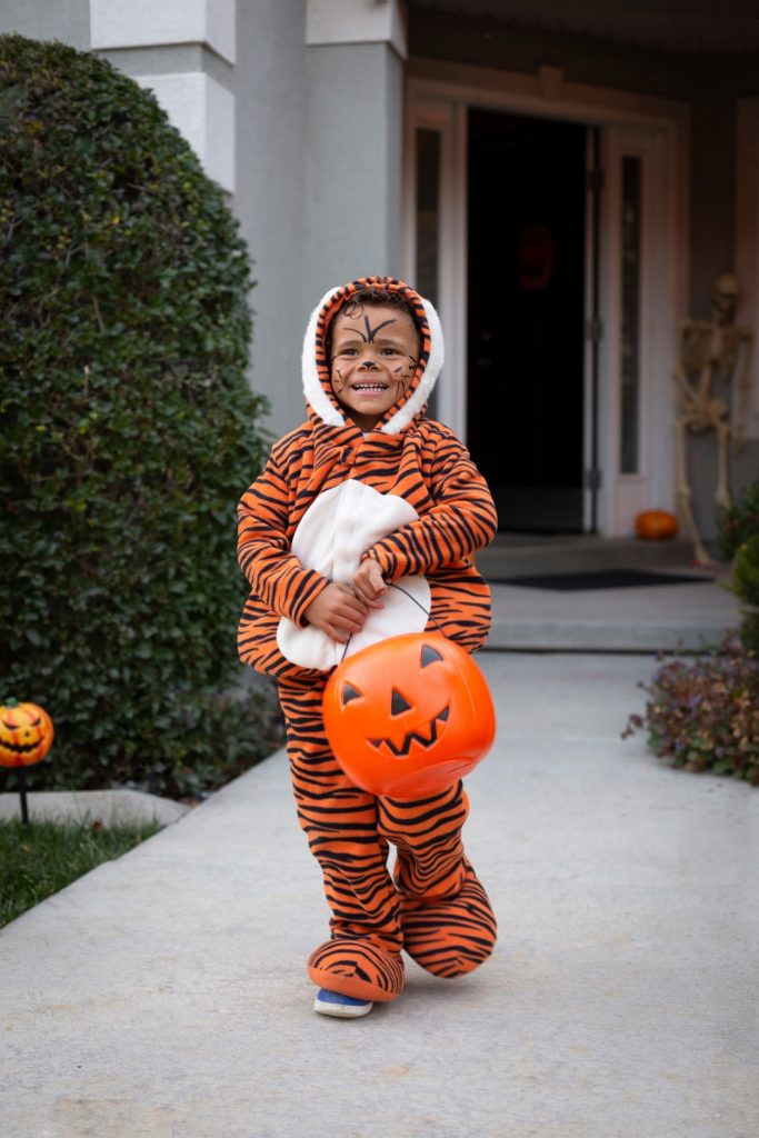 A young boy dressed in a tiger costume for Halloween trick-or-treating.