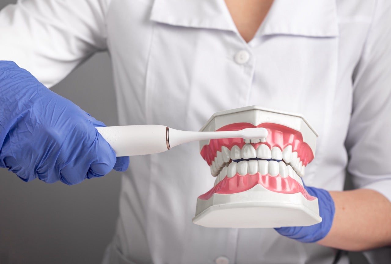 A dentist holds an electric toothbrush up to a plastic model of a mouth to show how to use it. 